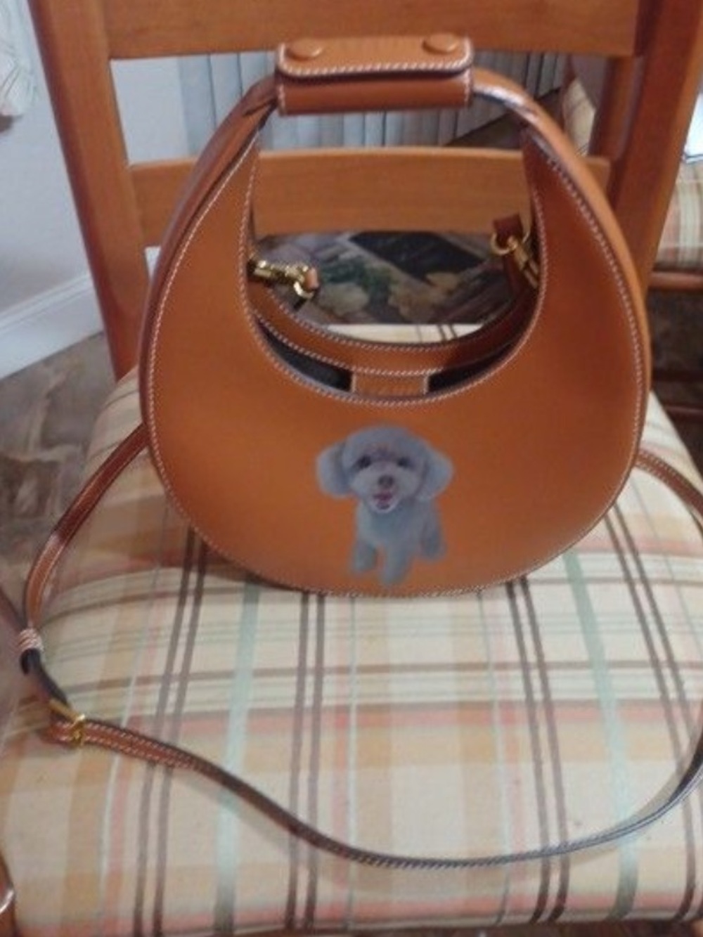 STAUD Tan Leather Crescent Bag with Dog Illustration